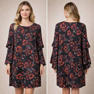 Halogen Black Floral Ruffle Sleeve Dress – Size M